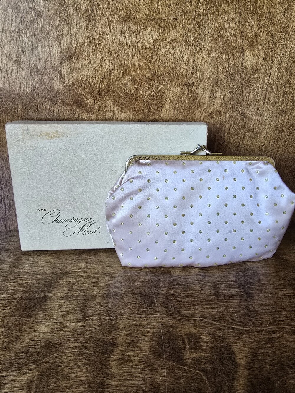 Vintage 1961 Avon Champagne Mood Pink Satin Gold Tone Kiss Lock Clutch In Box